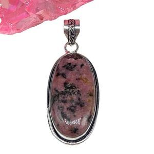 Rhodonite Necklace Pendant 925 Sterling Silver Overlay Pink Natural Stone Oval